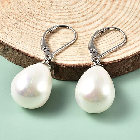 White Shell Pearl Drop Lever Back Earrings in Rhodium Overlay Sterling Silver 27.76 Ct.