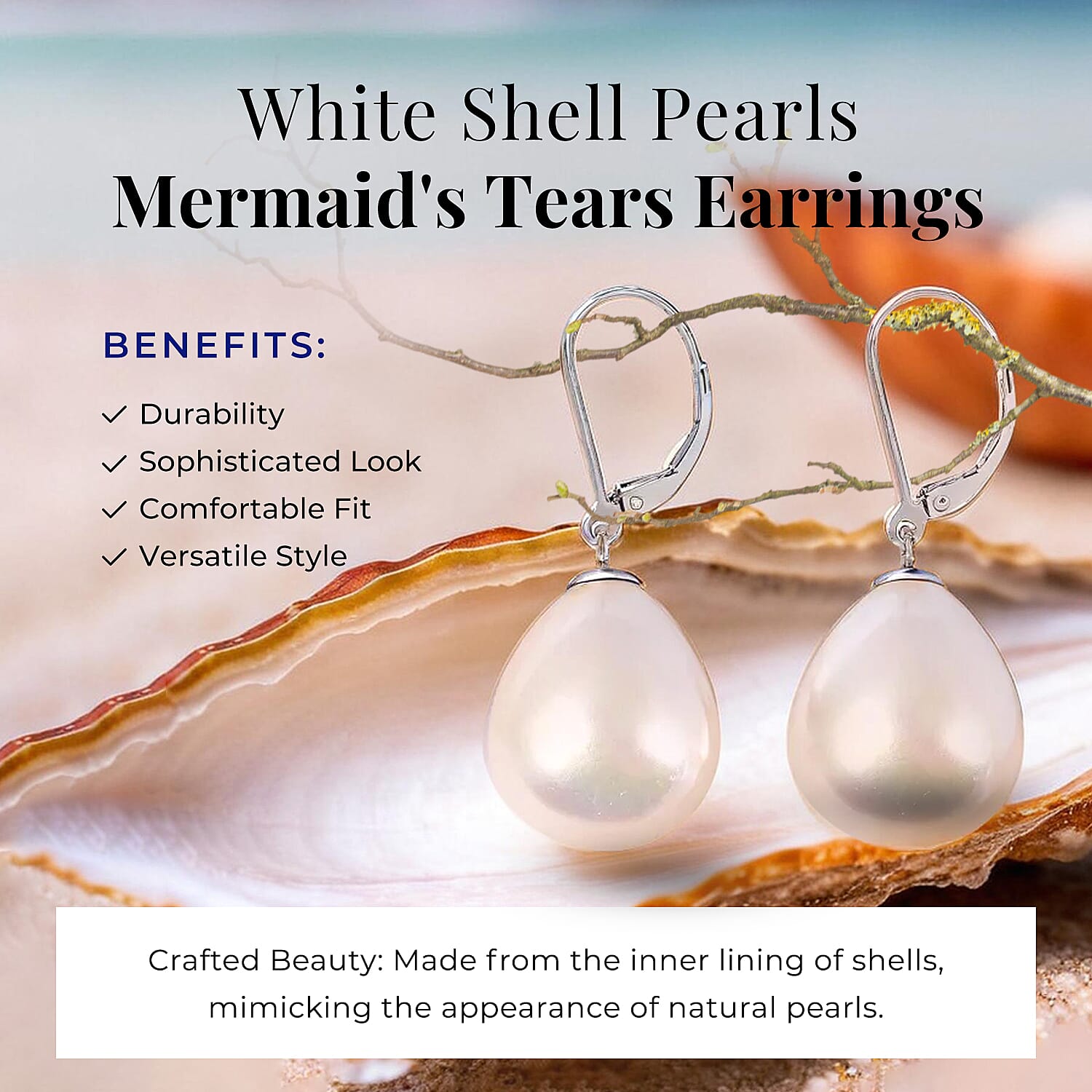 White Shell Pearl Drop Lever Back Earrings in Rhodium Overlay Sterling Silver 25.00 Ct.