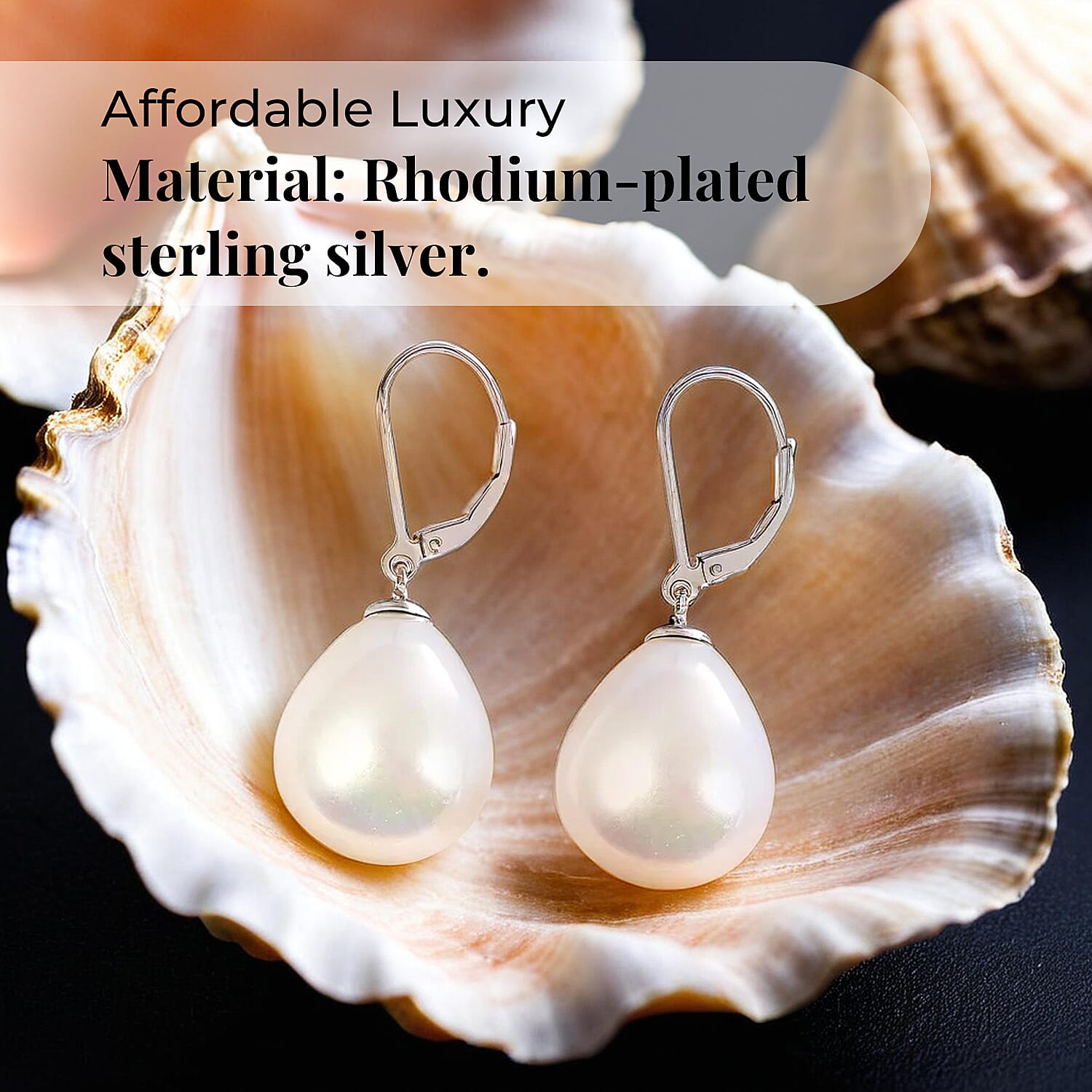 White Shell Pearl Drop Lever Back Earrings in Rhodium Overlay Sterling Silver 25.00 Ct.