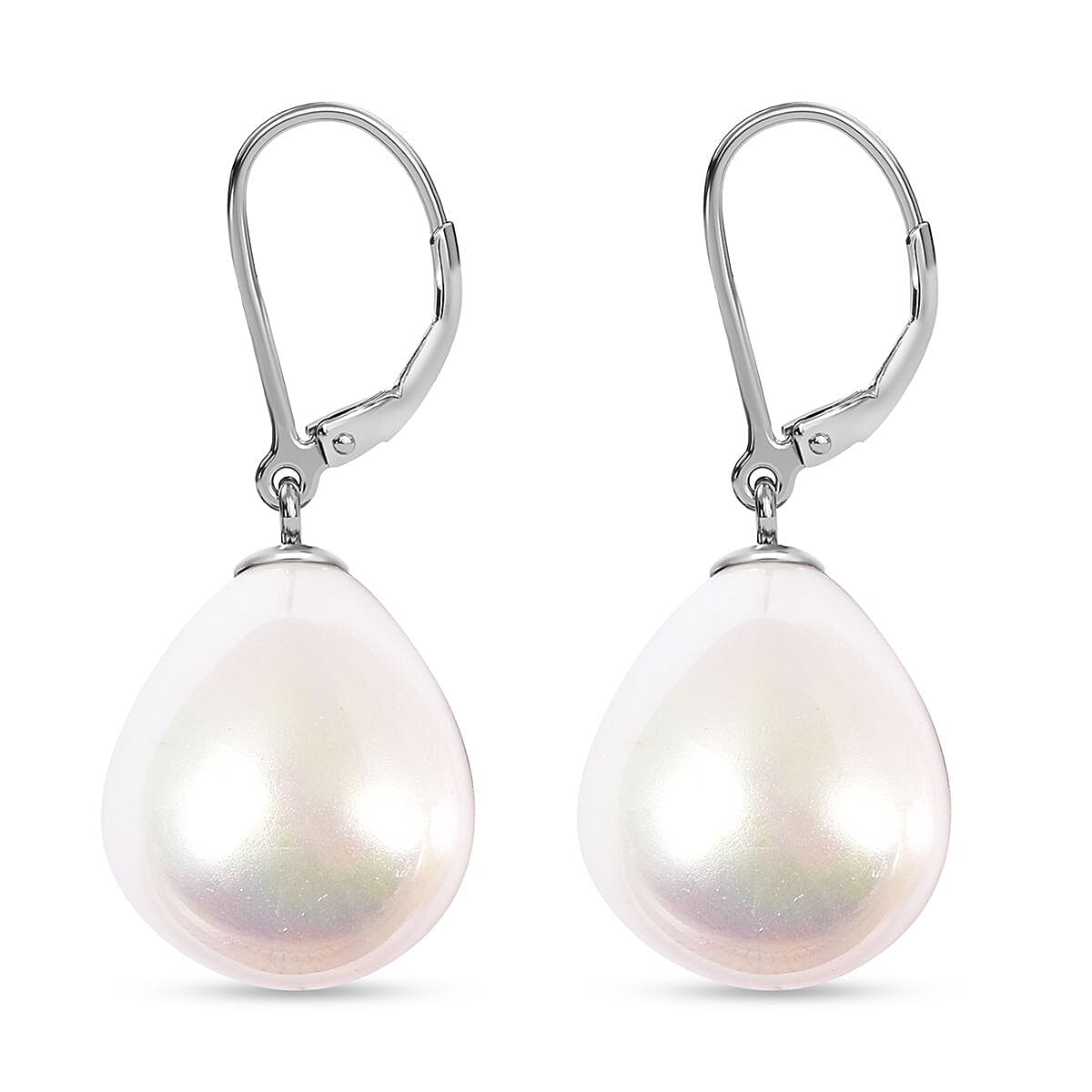 White Shell Pearl Drop Lever Back Earrings in Rhodium Overlay Sterling Silver 25.00 Ct.