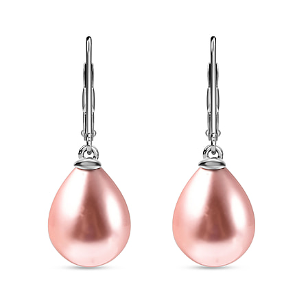 Pink Shell Pearl Solitaire Drop Earrings in Sterling Silver with Rhodium Plating