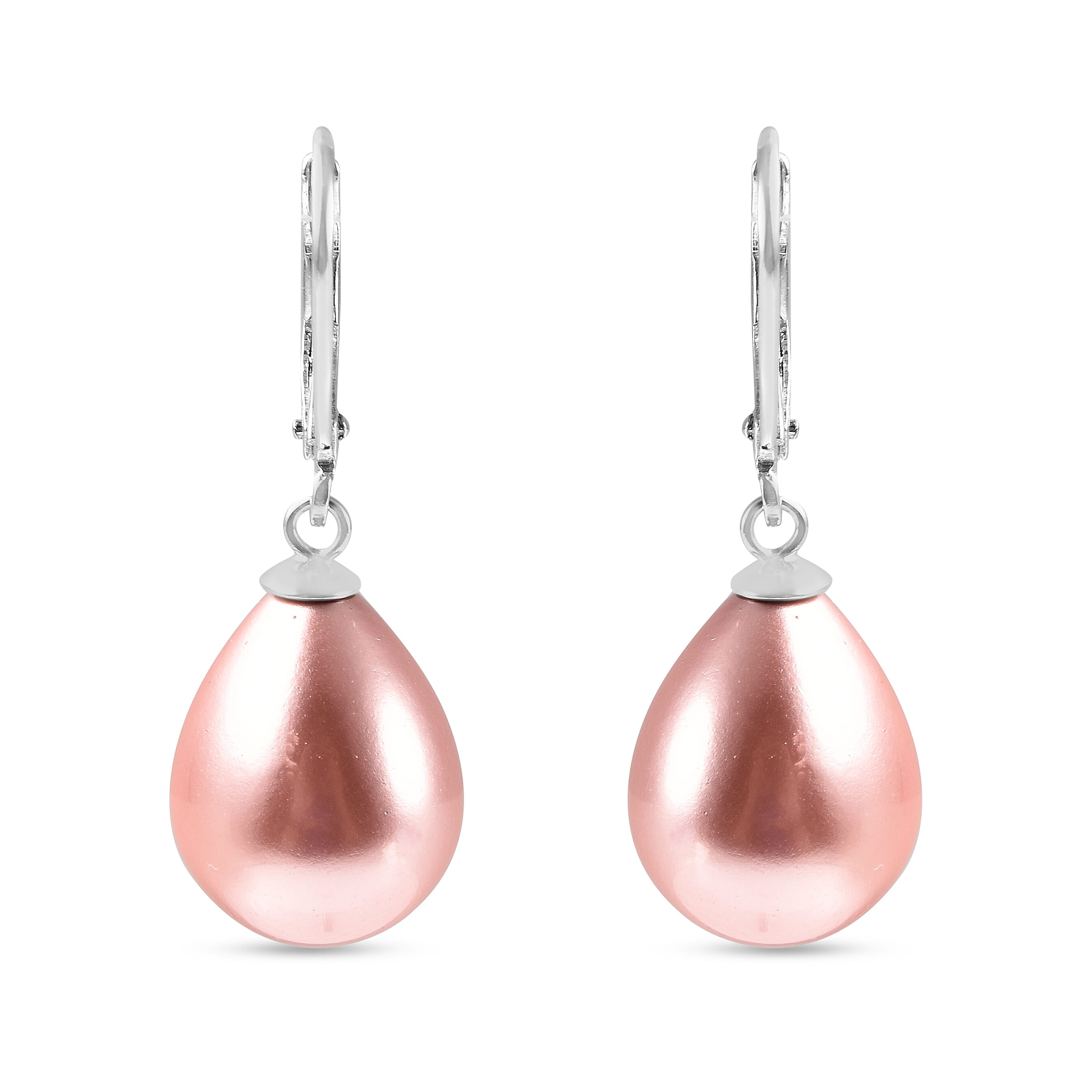 Pink Shell Pearl Drop Lever Back Earrings in Rhodium Overlay Sterling Silver 25 Ct