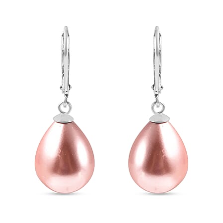 Pink Shell Pearl Solitaire Drop Earrings in Sterling Silver with Rhodium Plating