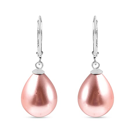 Pink Shell Pearl Drop Lever Back Earrings in Rhodium Overlay Sterling Silver 25 Ct
