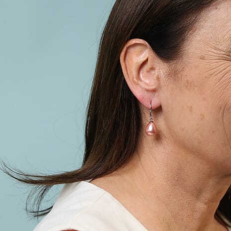 Pink Shell Pearl Drop Lever Back Earrings in Rhodium Overlay Sterling Silver 25 Ct