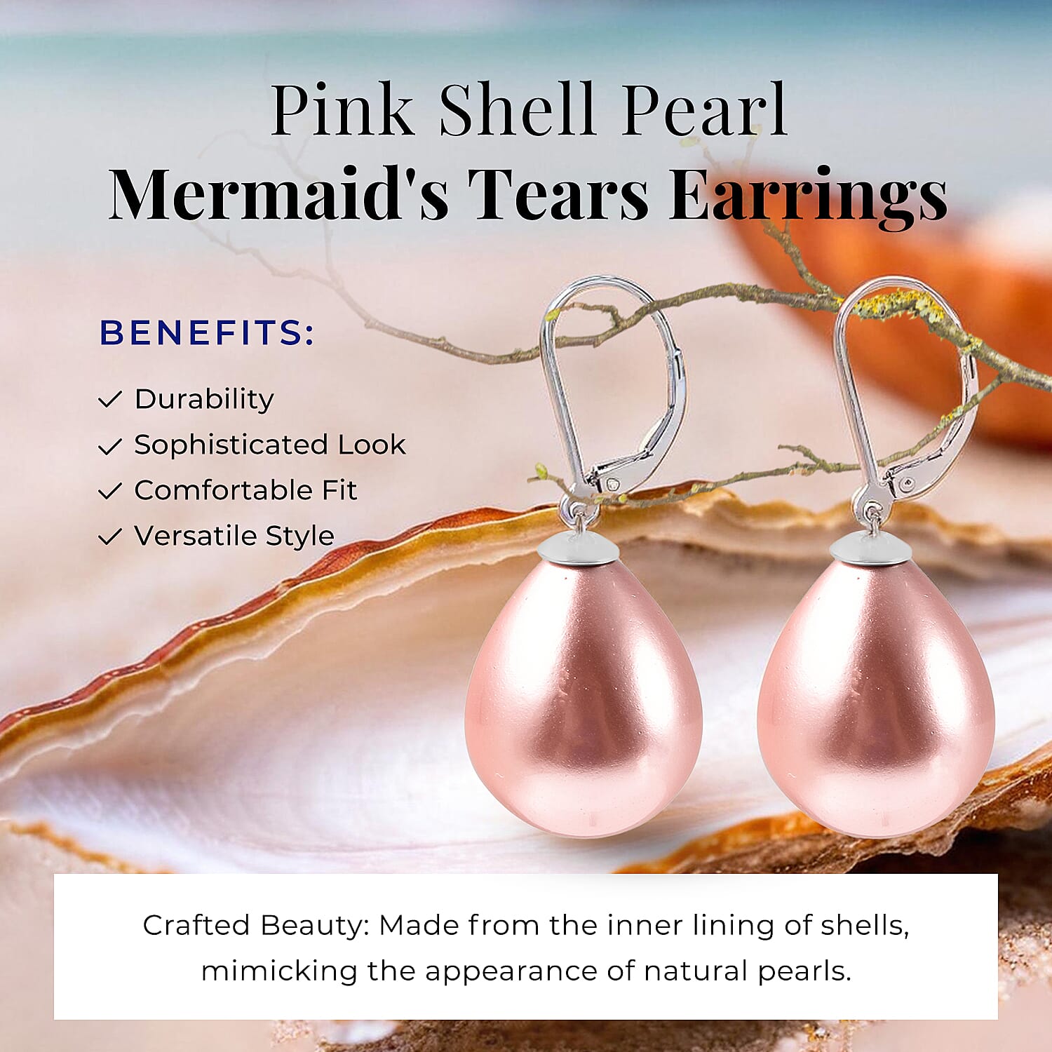 Pink Shell Pearl Drop Lever Back Earrings in Rhodium Overlay Sterling Silver 25 Ct