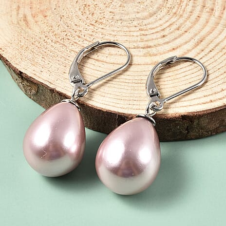 Purple Shell Pearl Drop Lever Back Earrings in Rhodium Overlay Sterling Silver 25.00 Ct.