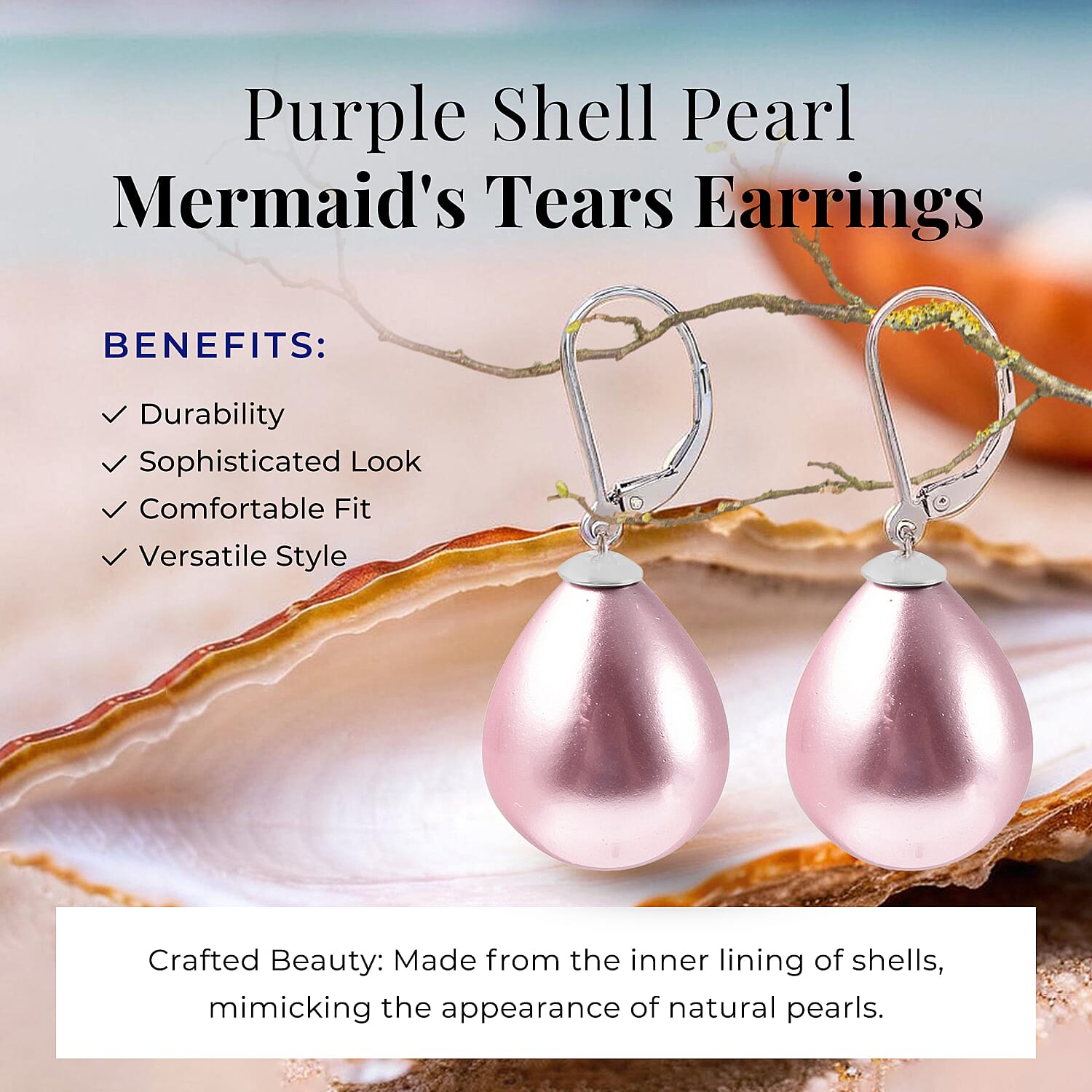 Purple Shell Pearl Drop Lever Back Earrings in Rhodium Overlay Sterling Silver 25.00 Ct.