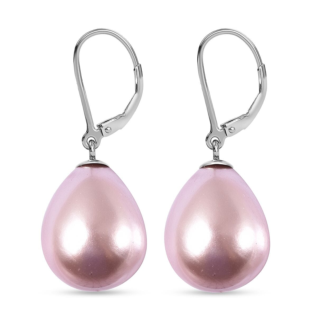Purple Shell Pearl Drop Lever Back Earrings in Rhodium Overlay Sterling Silver 25.00 Ct.
