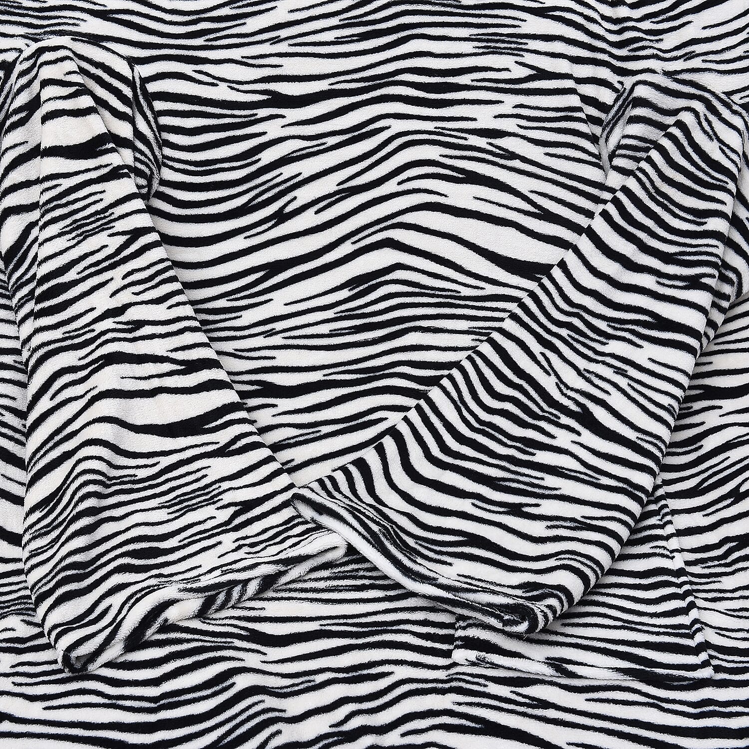 Soft Coral Fleece Zebra Pattern TV Blanket with Sleeves and Pocket (Size 140x180 Cm) - Black and White Colour
