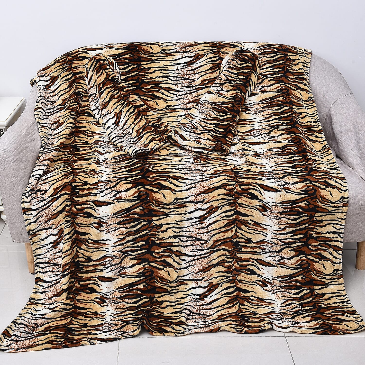 Soft Coral Fleece Tiger Pattern TV Blanket with Sleeves and Pocket (Size 140x180 Cm) - Black, Brown and Beige Colour
