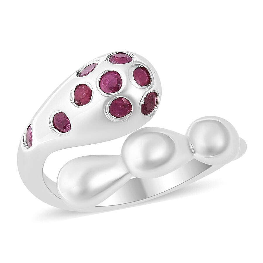 LucyQ African Ruby (Rnd) Adjustable Drip Bypass Ring in Rhodium Overlay Sterling Silver, Silver wt 5.81 Gms.