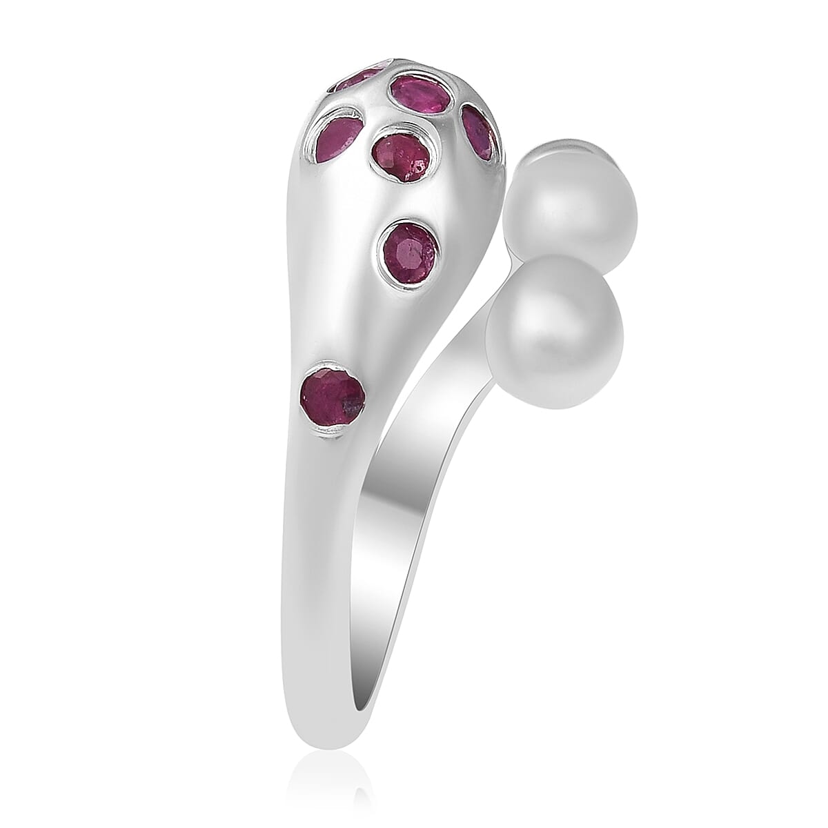 LucyQ African Ruby (Rnd) Adjustable Drip Bypass Ring in Rhodium Overlay Sterling Silver, Silver wt 5.81 Gms.