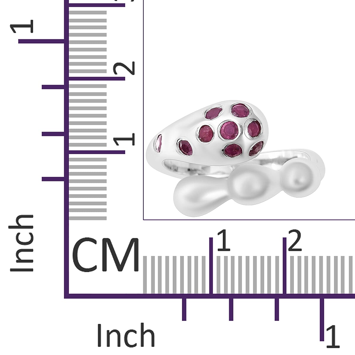 LucyQ African Ruby (Rnd) Adjustable Drip Bypass Ring in Rhodium Overlay Sterling Silver, Silver wt 5.81 Gms.