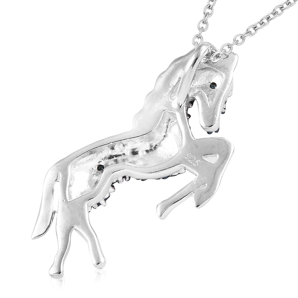 Blue Diamond (Rnd) Horse Pendant With Chain (Size 20) in Platinum Overlay Sterling Silver, Silver wt 3.80 Gms.
