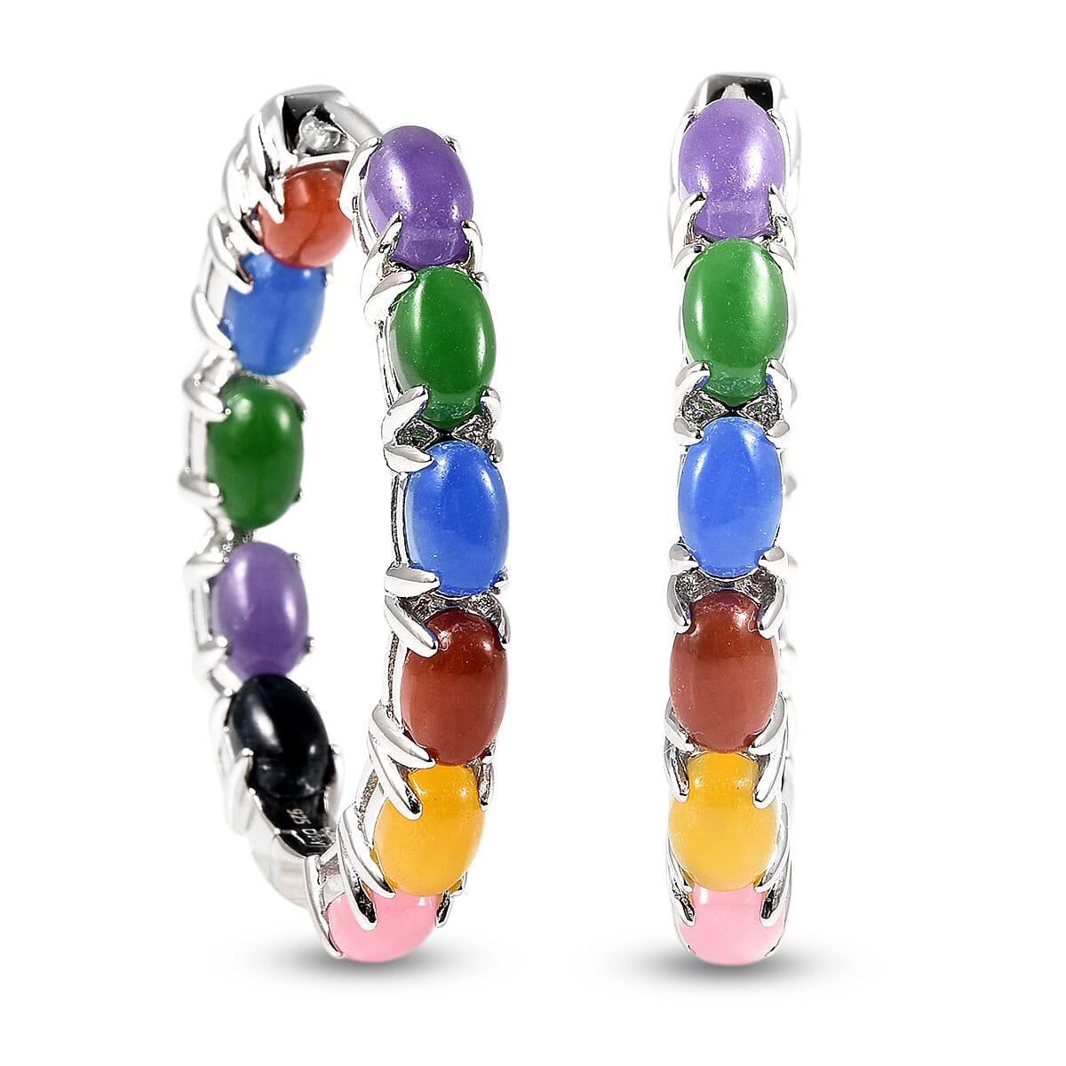 Multi Colour Jade Hoop Earrings (with Clasp) in Rhodium Overlay Sterling Silver 13.60 Ct, Silver wt 8.72 Gms