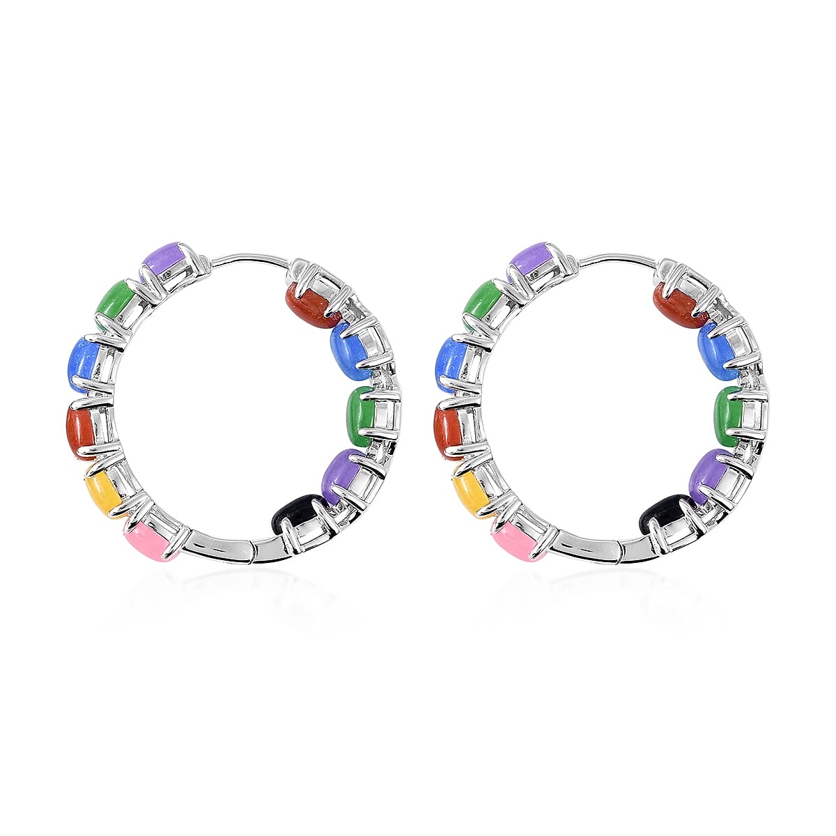 Multi Colour Jade Hoop Earrings (with Clasp) in Rhodium Overlay Sterling Silver 13.60 Ct, Silver wt 8.72 Gms