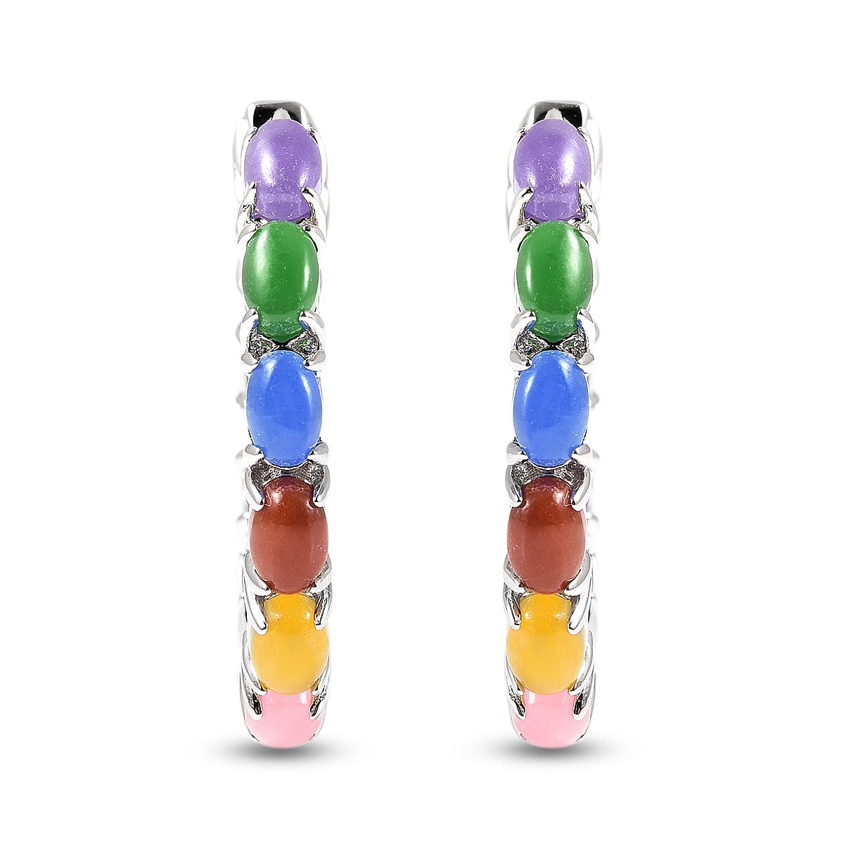 Multi Colour Jade Hoop Earrings (with Clasp) in Rhodium Overlay Sterling Silver 13.60 Ct, Silver wt 8.72 Gms