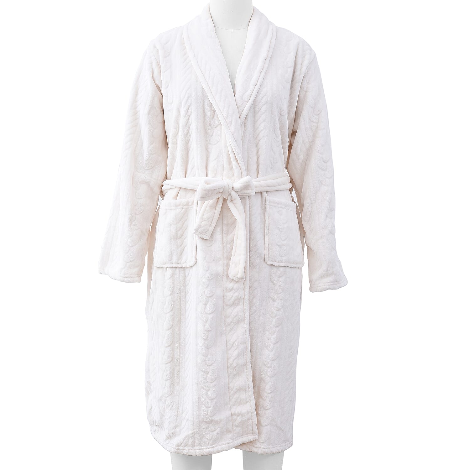 Microfibre Braided Pattern Robe with Shawl Collar and Two Pockets (Size 65x120 Cm) - Ivory