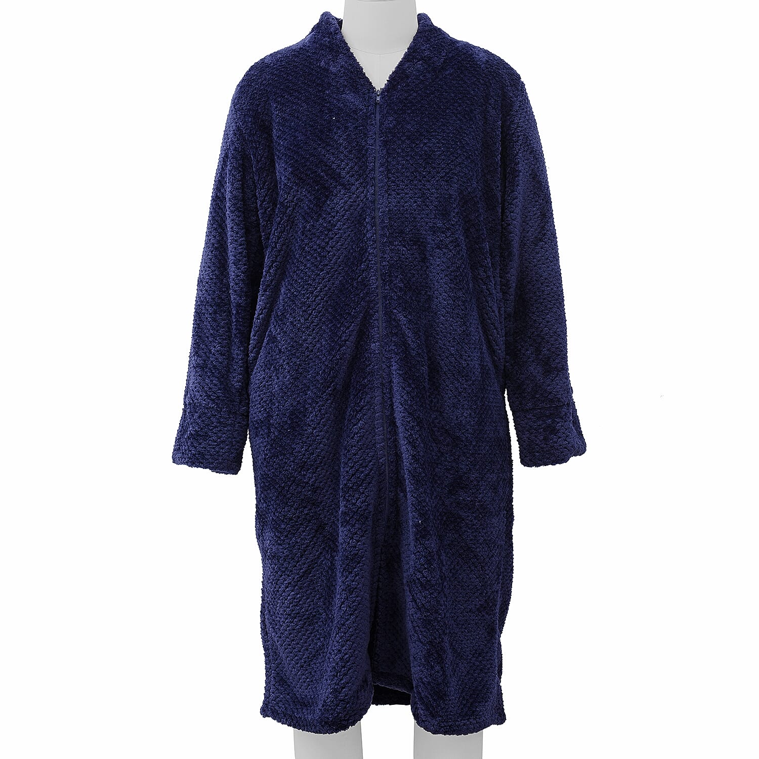 Microfibre Soft Jacquard Flannel Robe with Pocket and Zip-Front (Size 60x116 Cm) - Navy Blue