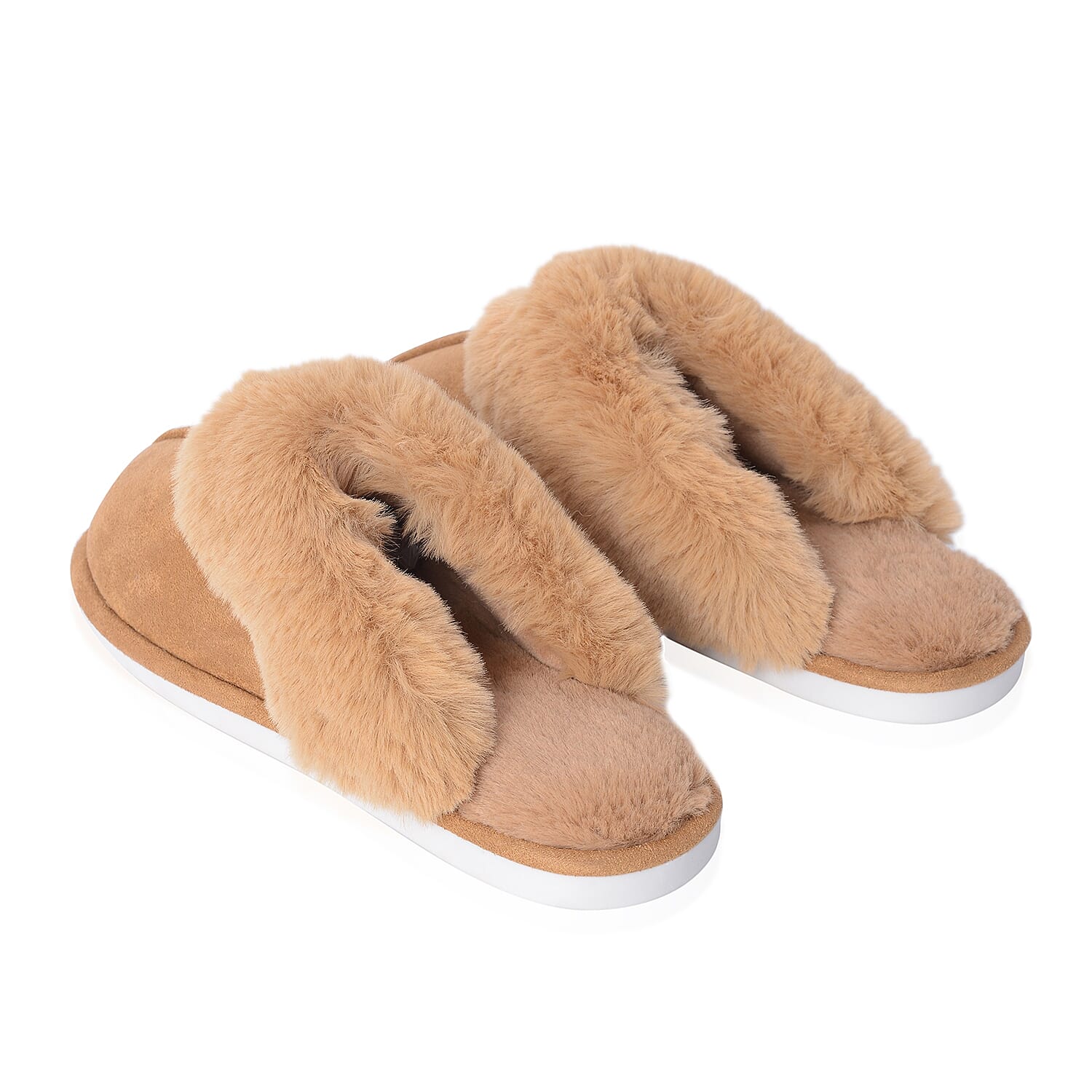 Super Soft Suede Faux Fur Slippers (Size M- 5-6) - Brown