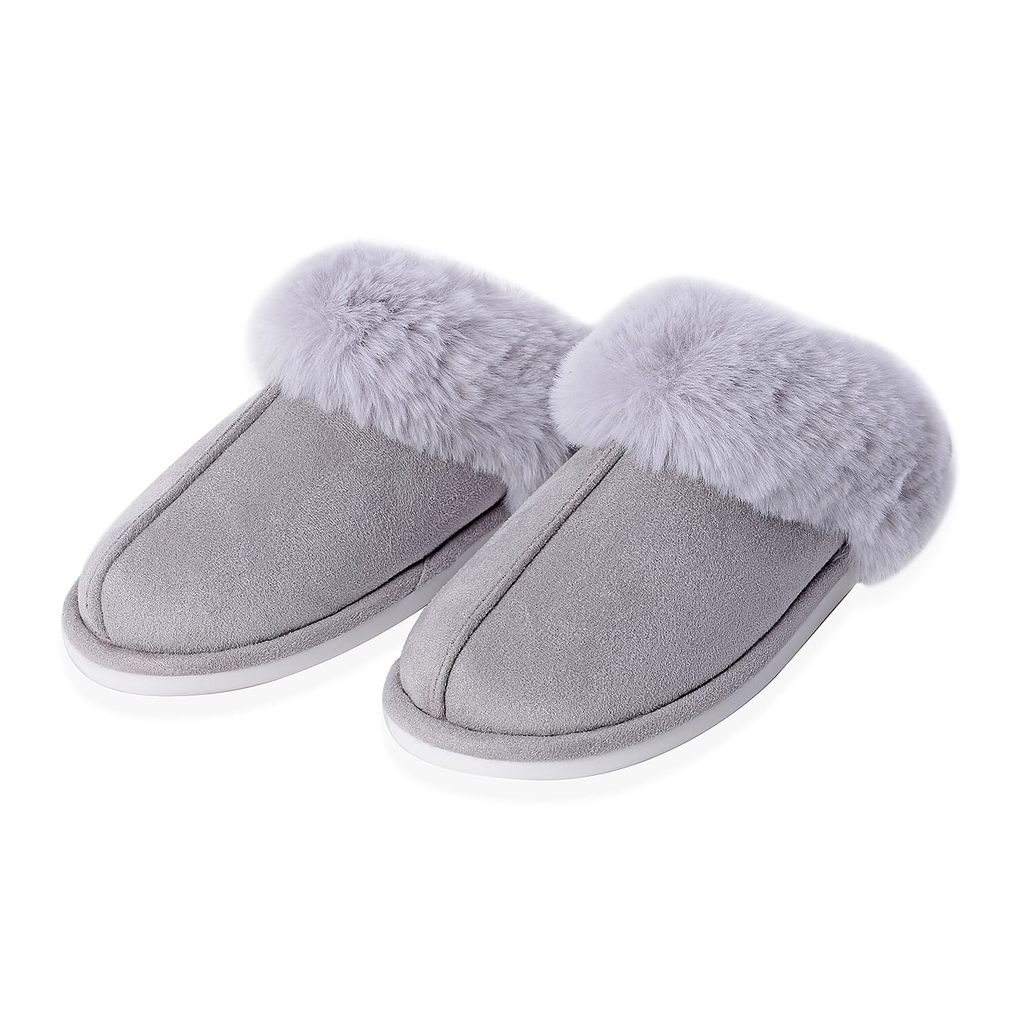 Super Soft Suede Faux Fur Slippers (Size M: 5-6 ) - Grey