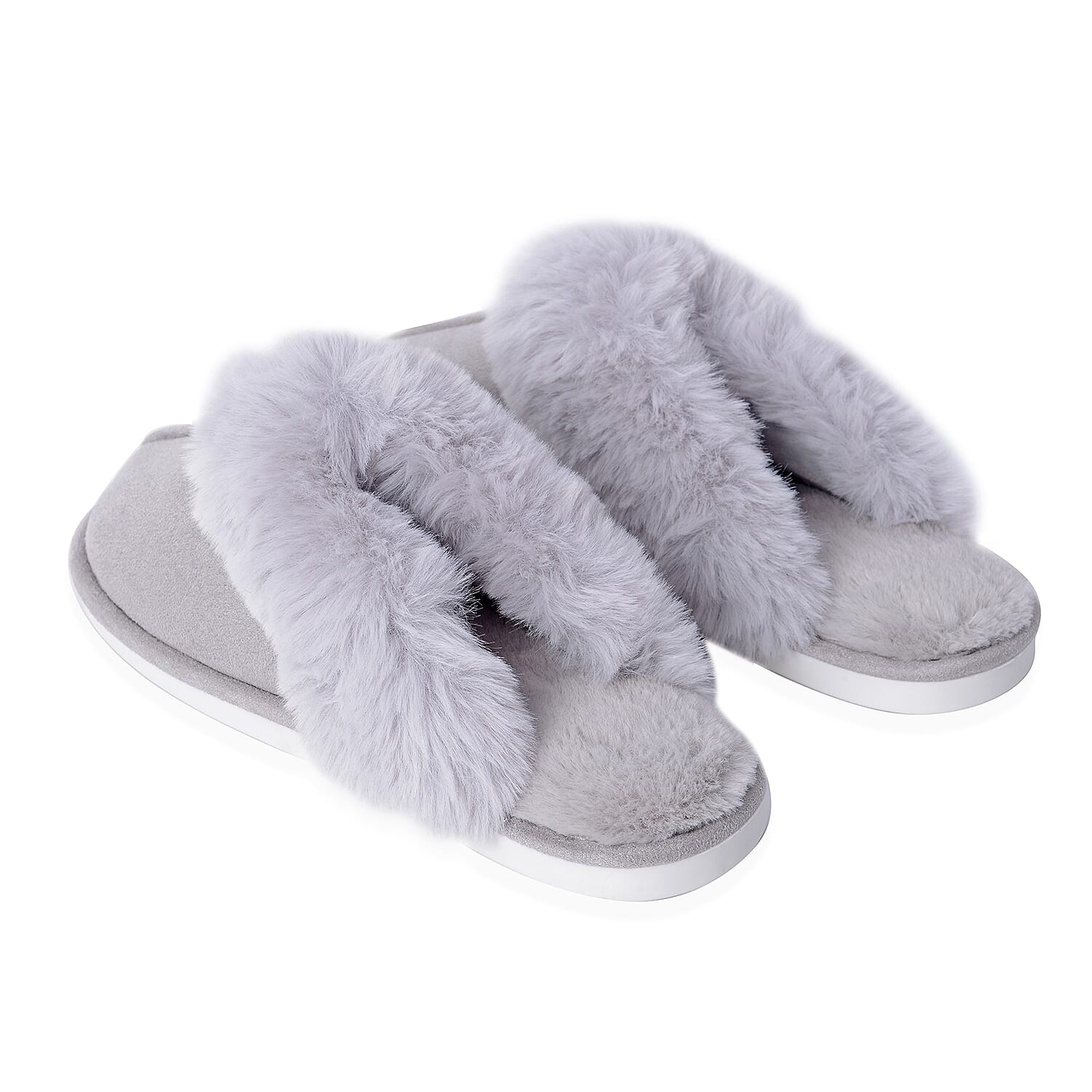 Super Soft Suede Faux Fur Slippers (Size M: 5-6 ) - Grey