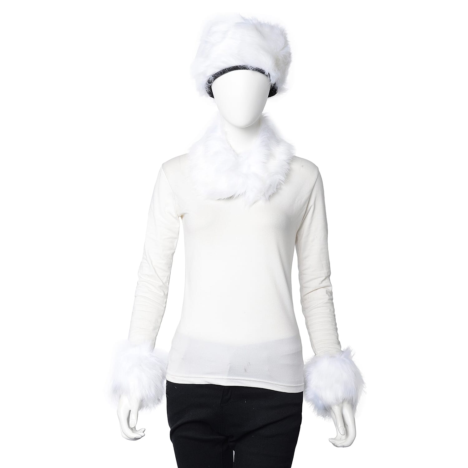 3 Piece Set - Faux Fur Hat, Scarf and Cuff Bracelet - White