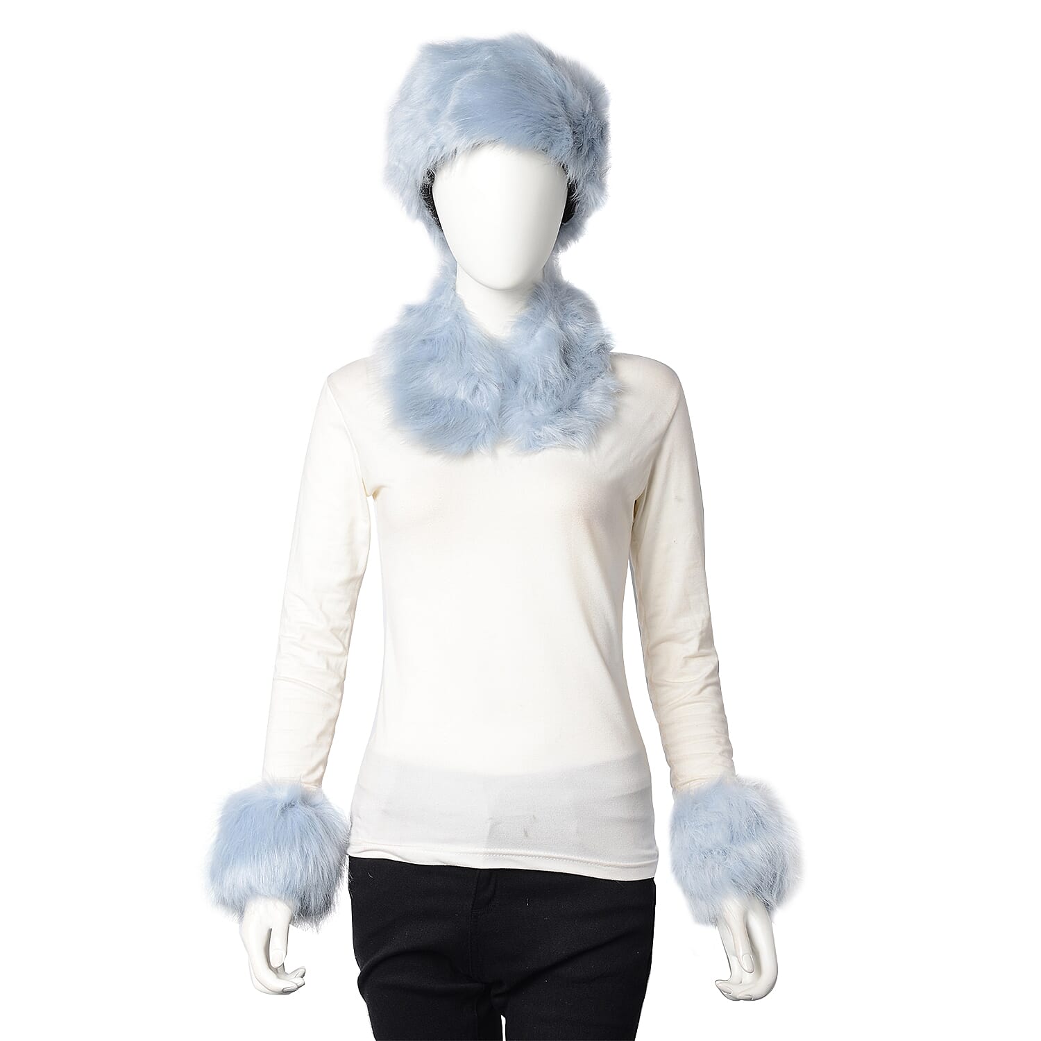 3 Piece Set - Faux Fur Hat, Scarf and Cuff Bracelet - Blue