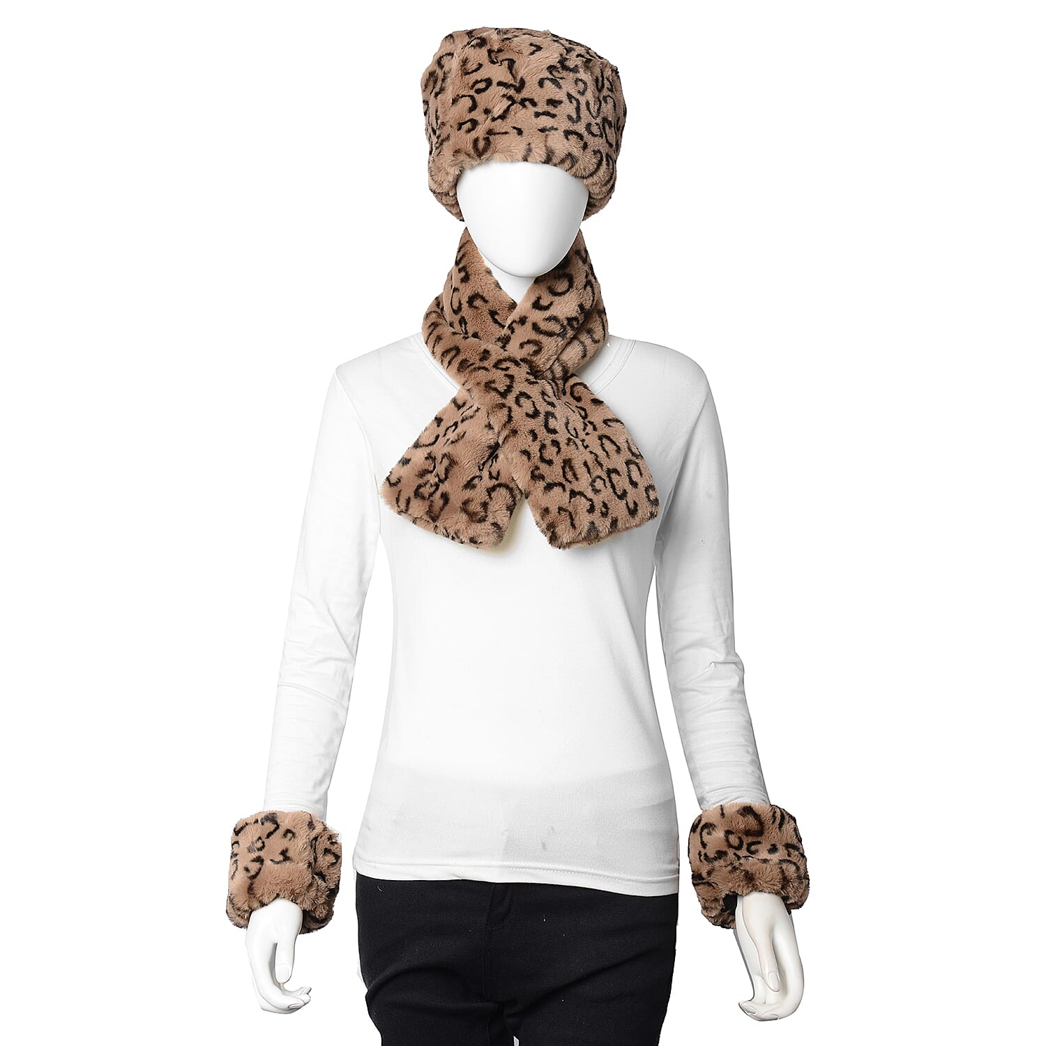3 Piece Set - Faux Fur Leopard Print Hat, Scarf and Cuff Bracelet - Black and Brown