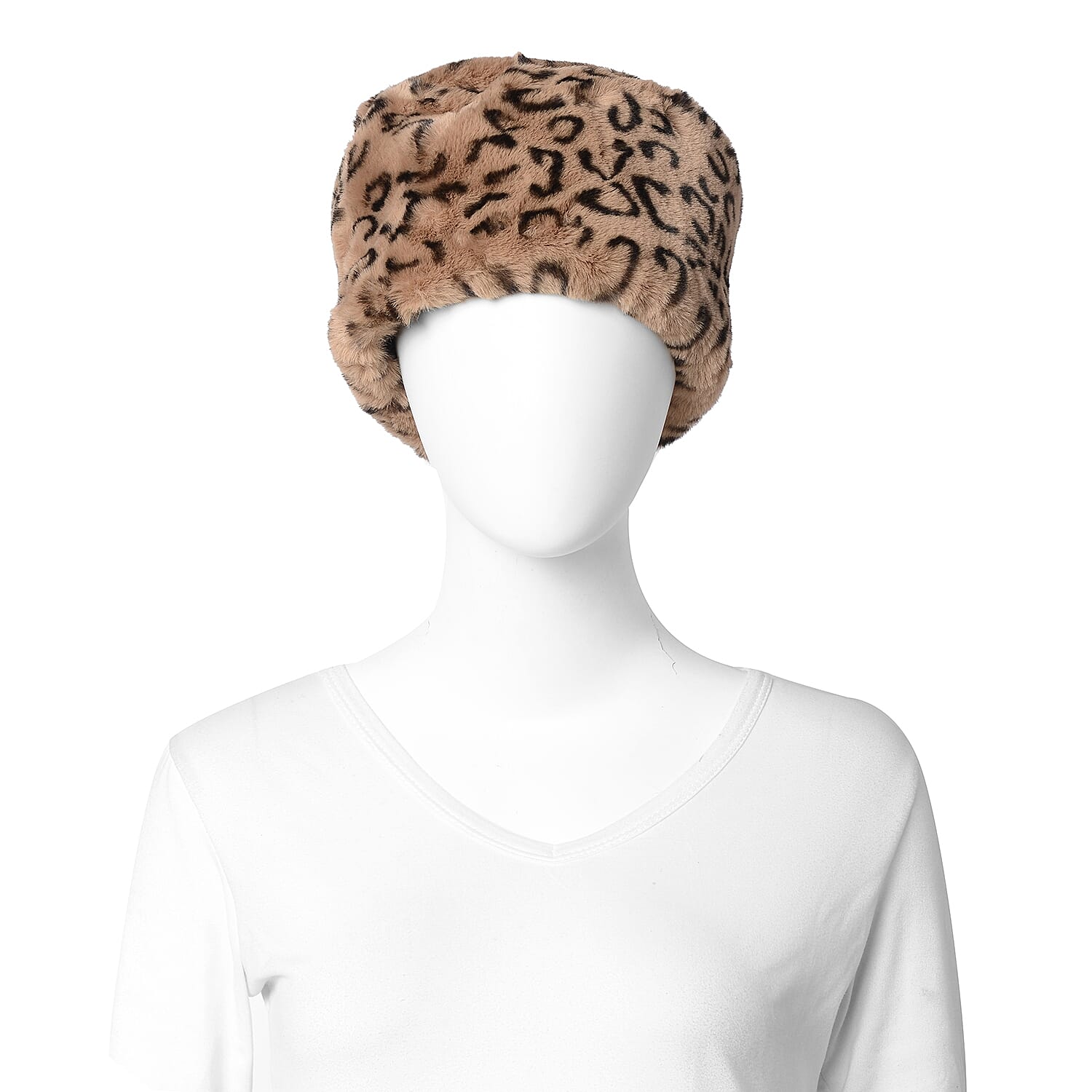 3 Piece Set - Faux Fur Leopard Print Hat, Scarf and Cuff Bracelet - Black and Brown