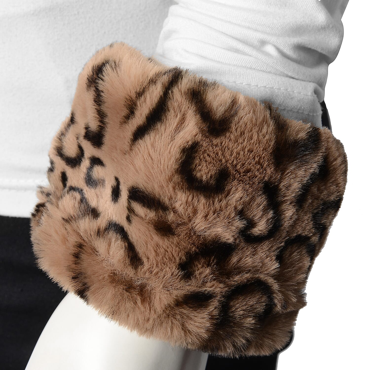 3 Piece Set - Faux Fur Leopard Print Hat, Scarf and Cuff Bracelet - Black and Brown