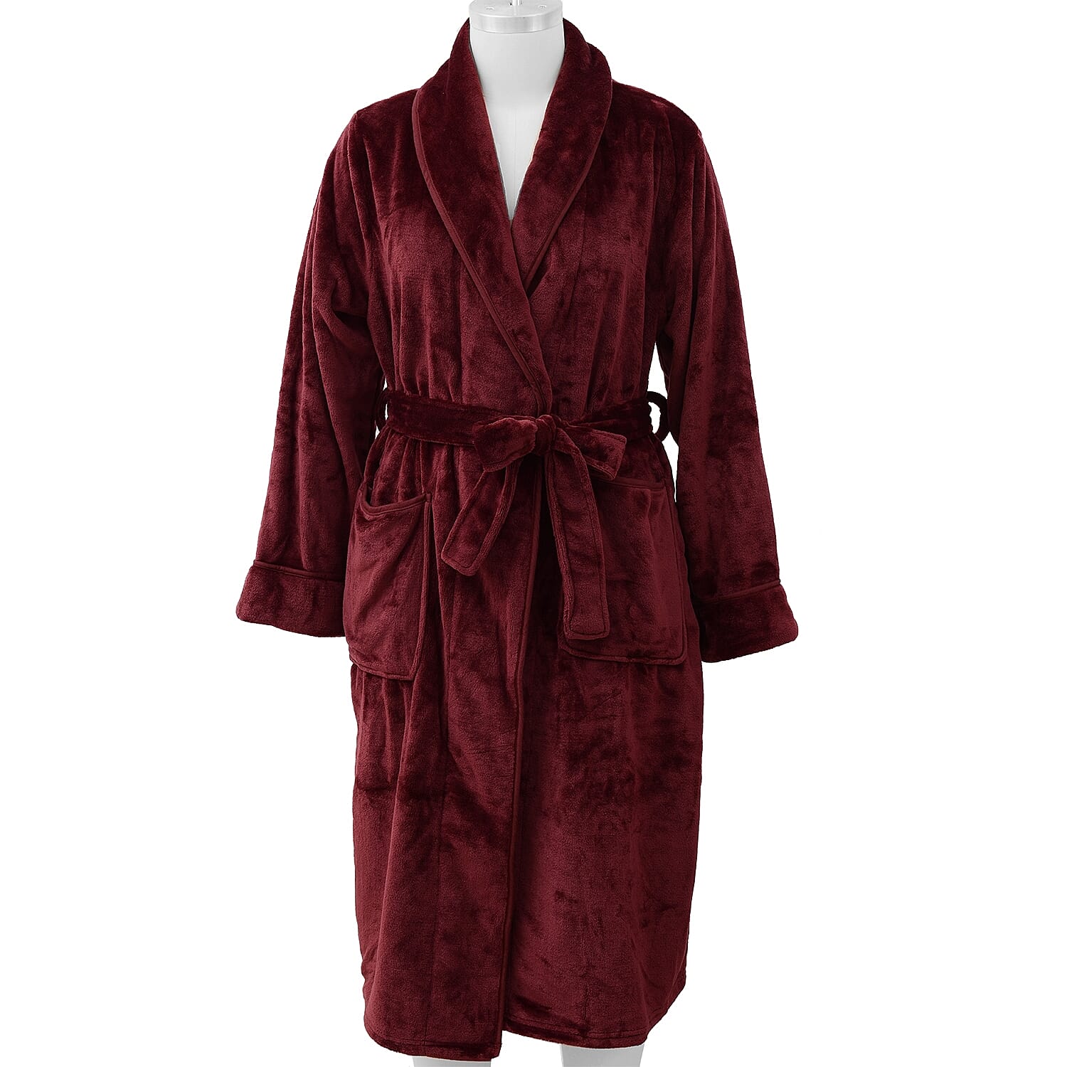 Microfibre Soft Flannel Shawl Collar Dressing Gown with Pocket (Size 65x115 Cm) - Wine Red