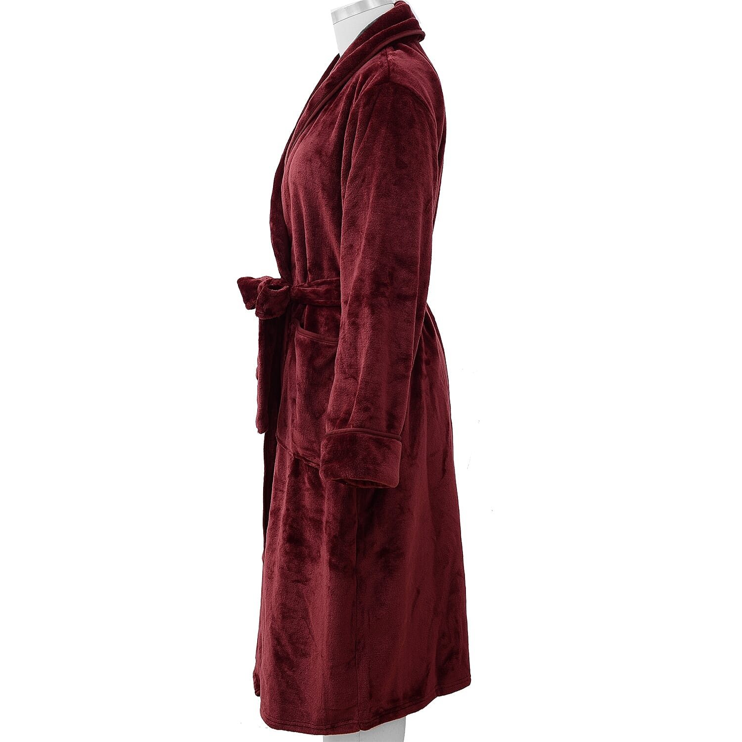 Microfibre Soft Flannel Shawl Collar Dressing Gown with Pocket (Size 65x115 Cm) - Wine Red