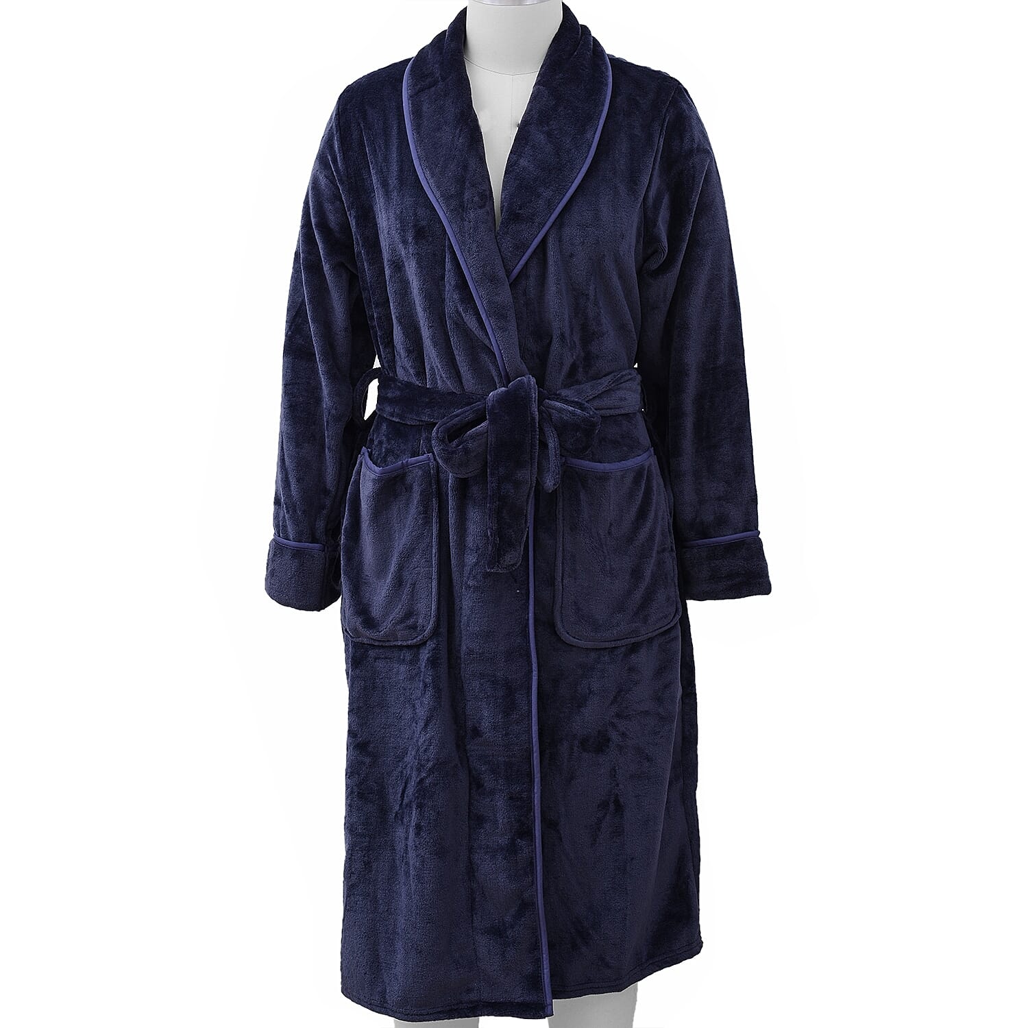 Microfibre Soft Flannel Shawl Collar Dressing Gown with Pocket (Size 65x115 Cm) - Navy Blue