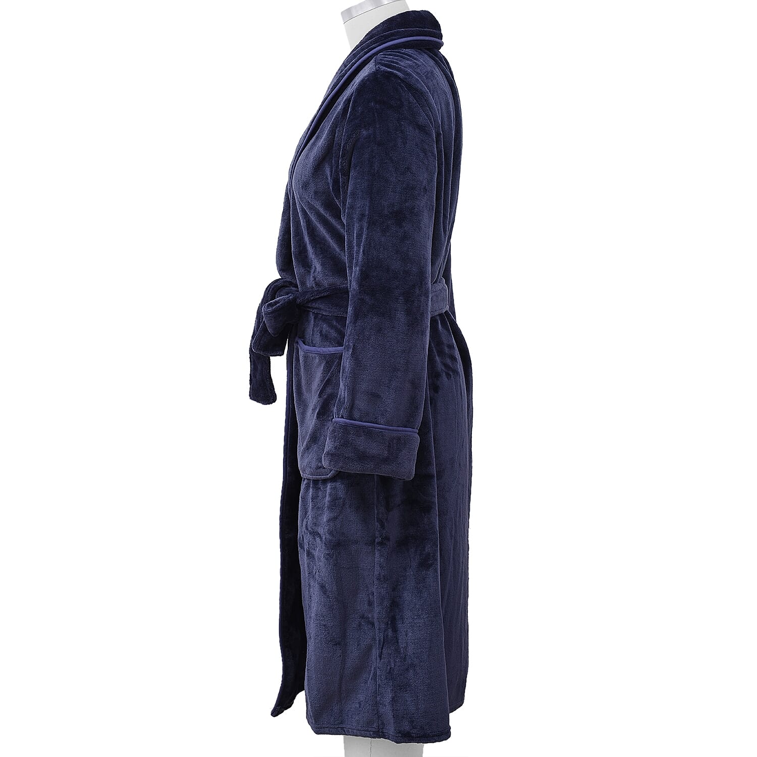 Microfibre Soft Flannel Shawl Collar Dressing Gown with Pocket (Size 65x115 Cm) - Navy Blue