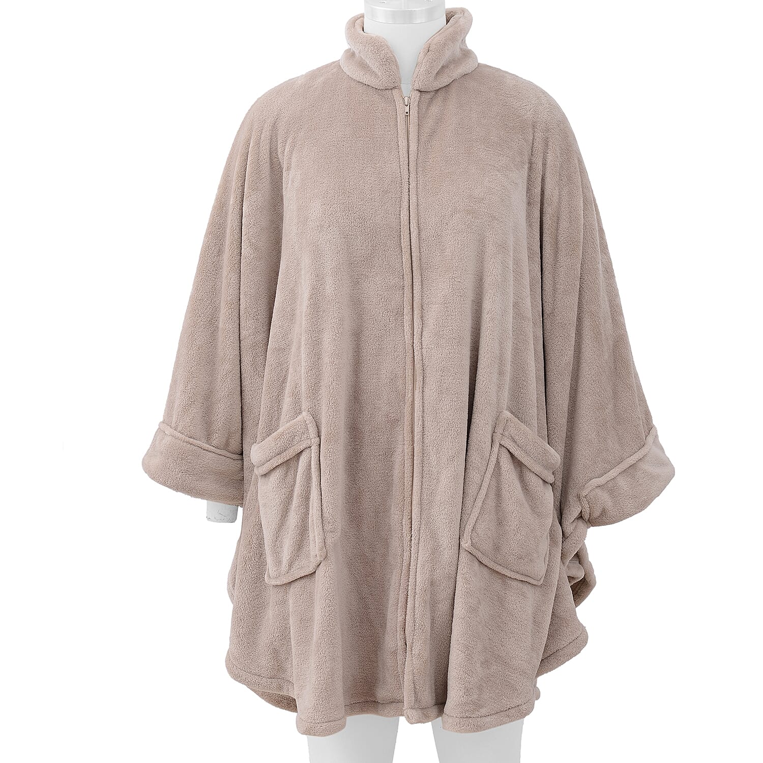 Solid Colour Super Soft Microfibre Jacket with Front Zipper Opening - Beige