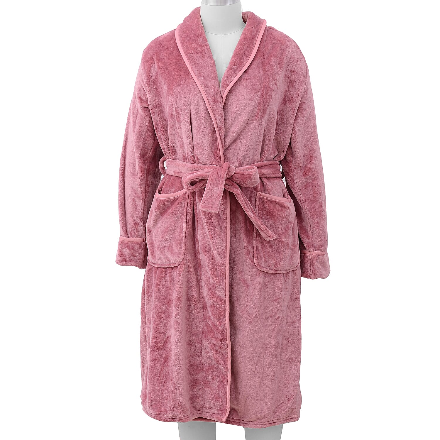 Microfibre Soft Flannel Shawl Collar Dressing Gown with Pocket (Size 65x115 Cm) - Dusky Pink