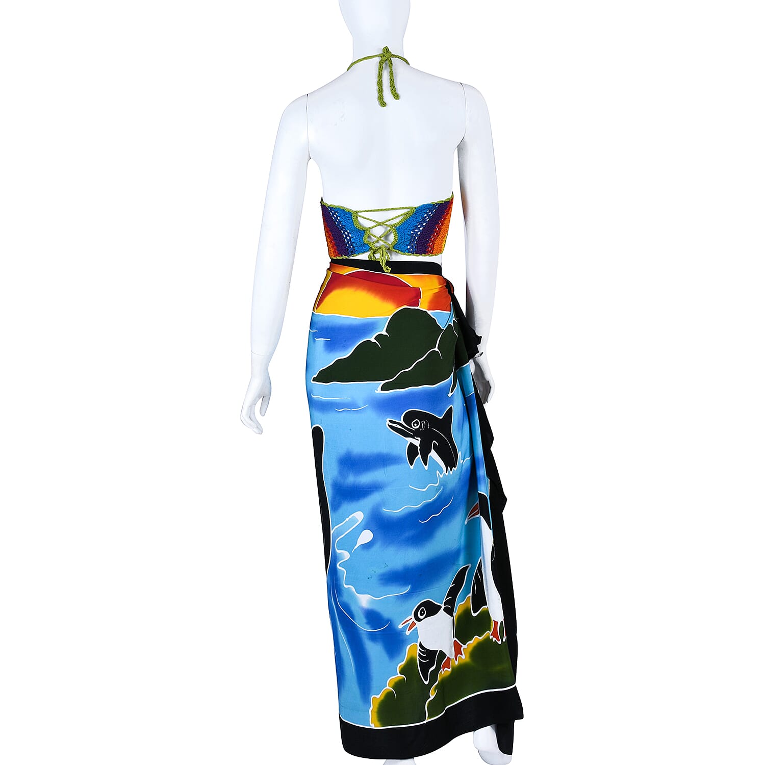 Bali Collection - Hand Painted Dolphin and Penguin Floral Pattern Sarong (Size 115x170 Cm) - Dolphin