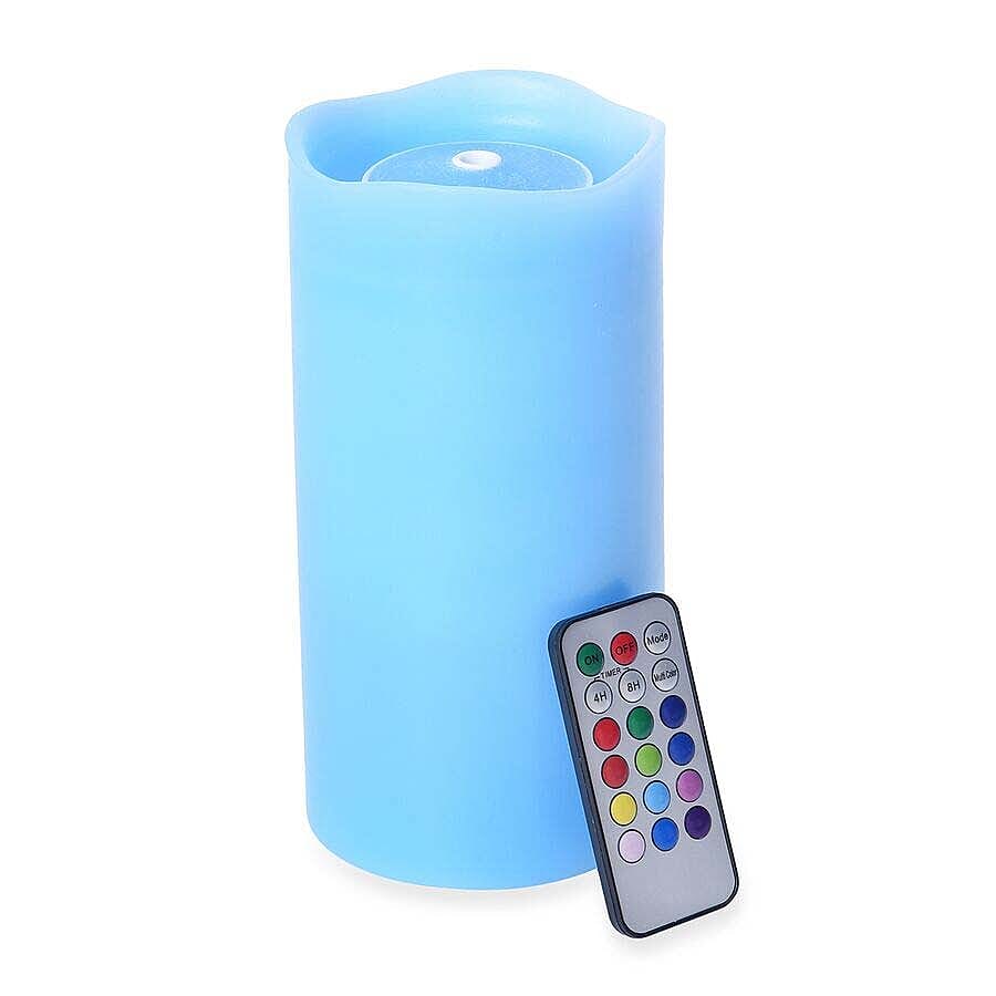 Real Wax Flameless Multicolour LED Water Fountain Candle with Remote Control (Size 10x10x20 Cm) - Blue (3xAA Battery not Included)