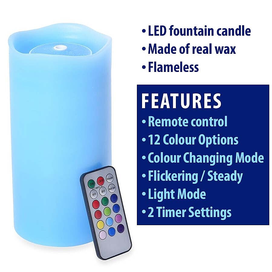 Real Wax Flameless Multicolour LED Water Fountain Candle with Remote Control (Size 10x10x20 Cm) - Blue (3xAA Battery not Included)