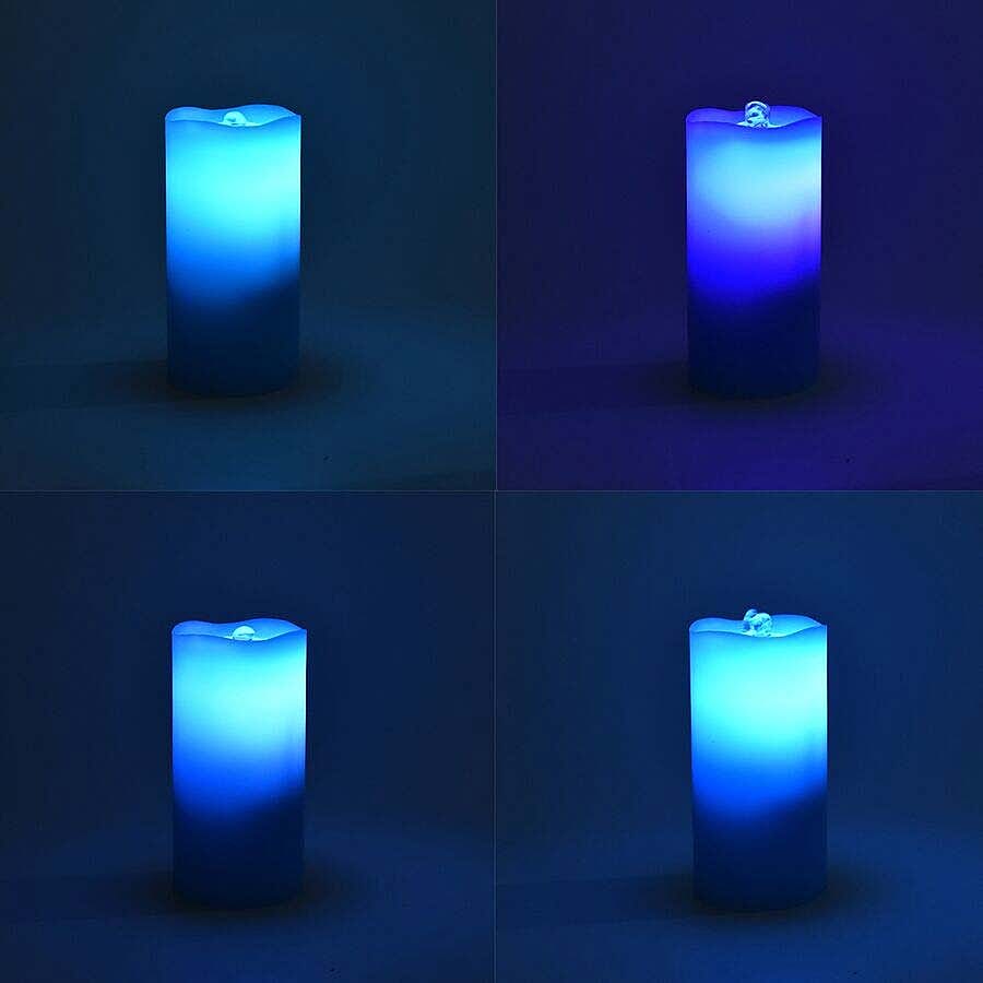 Real Wax Flameless Multicolour LED Water Fountain Candle with Remote Control (Size 10x10x20 Cm) - Blue (3xAA Battery not Included)