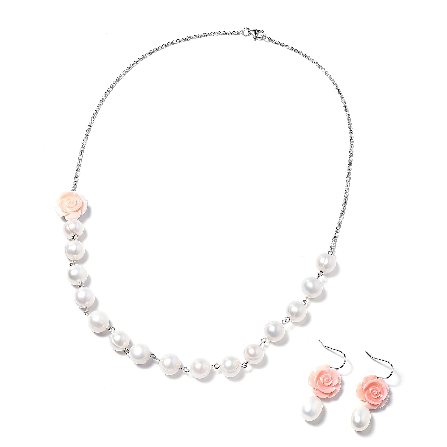 Jardin Collection - 2 Piece Set - Freshwater Pearl and Pink Mother of Pearl Necklace (Size 20) and Hook Earrings in Rhodium Overlay Sterling Silver, Silver wt 5.00 Gms