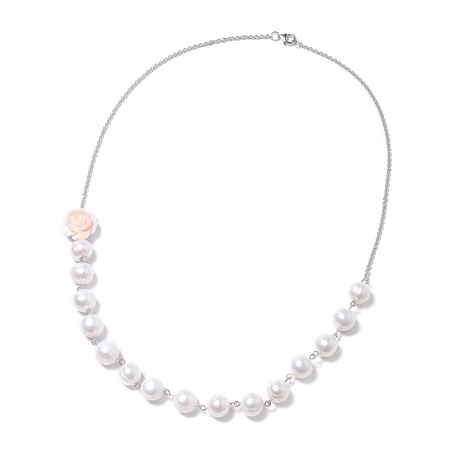 Jardin Collection - 2 Piece Set - Freshwater Pearl and Pink Mother of Pearl Necklace (Size 20) and Hook Earrings in Rhodium Overlay Sterling Silver, Silver wt 5.00 Gms