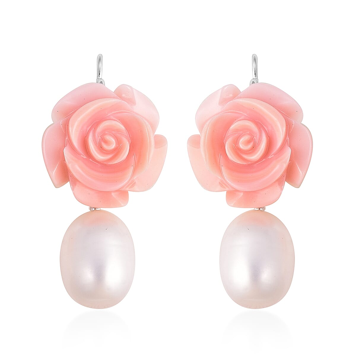 Jardin Collection - 2 Piece Set - Freshwater Pearl and Pink Mother of Pearl Necklace (Size 20) and Hook Earrings in Rhodium Overlay Sterling Silver, Silver wt 5.00 Gms