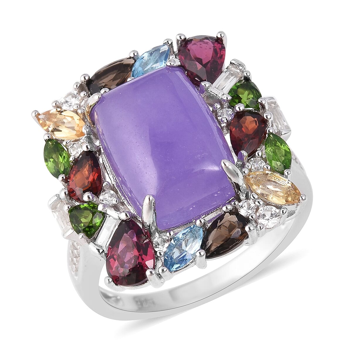 Purple Jade (Cush 8.00 Ct), Chrome Diopside and Multi Gemstone Ring in Rhodium Overlay Sterling Silver 11.810 Ct. Silver wt. 5.11 Gms