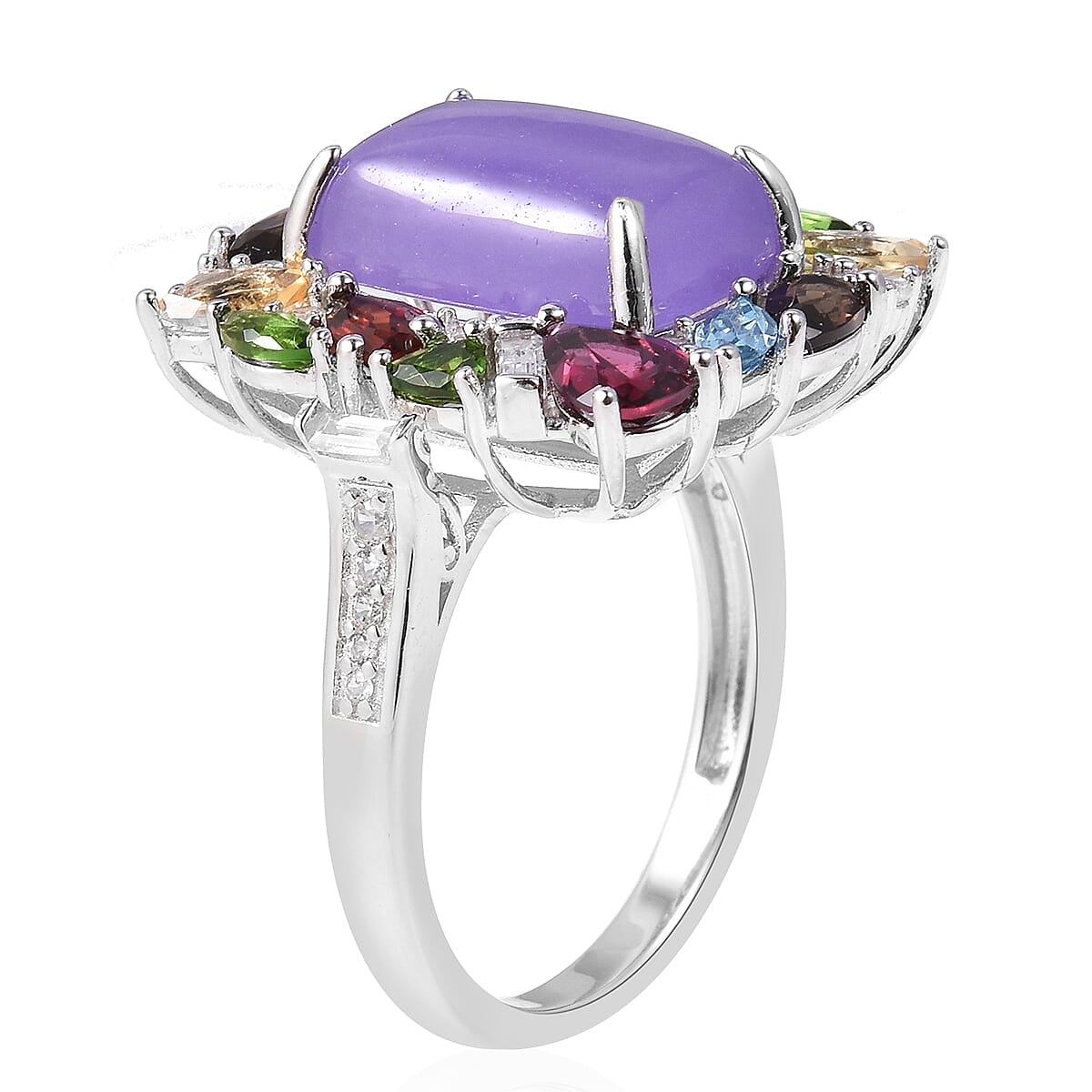 Purple Jade (Cush 8.00 Ct), Chrome Diopside and Multi Gemstone Ring in Rhodium Overlay Sterling Silver 11.810 Ct. Silver wt. 5.11 Gms