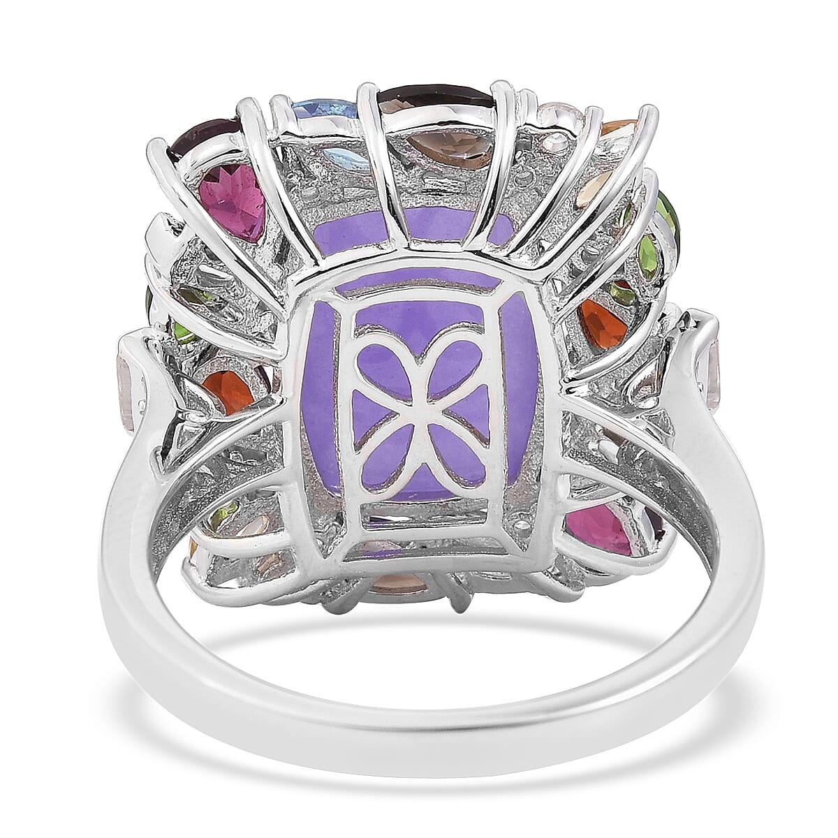 Purple Jade (Cush 8.00 Ct), Chrome Diopside and Multi Gemstone Ring in Rhodium Overlay Sterling Silver 11.810 Ct. Silver wt. 5.11 Gms