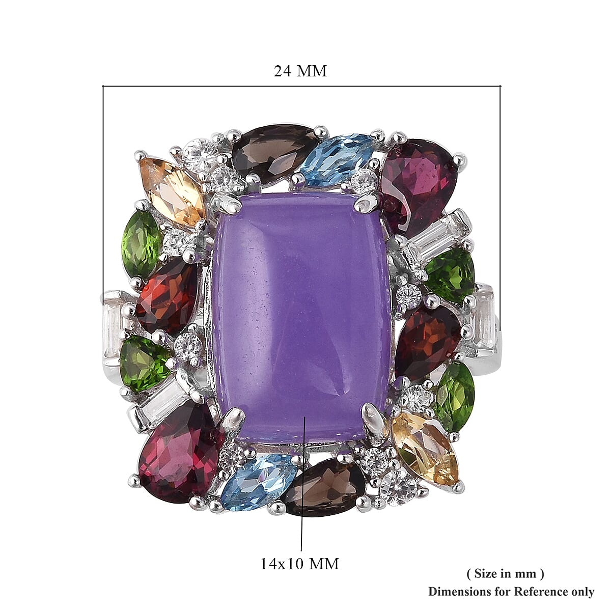Purple Jade (Cush 8.00 Ct), Chrome Diopside and Multi Gemstone Ring in Rhodium Overlay Sterling Silver 11.810 Ct. Silver wt. 5.11 Gms