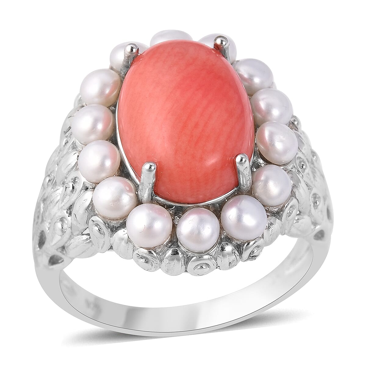 Living Coral (Ovl 5.0 Ct), Freshwater Pearl Ring in Rhodium Overlay Sterling Silver 7.750 Ct, Silver wt 7.36 Gms